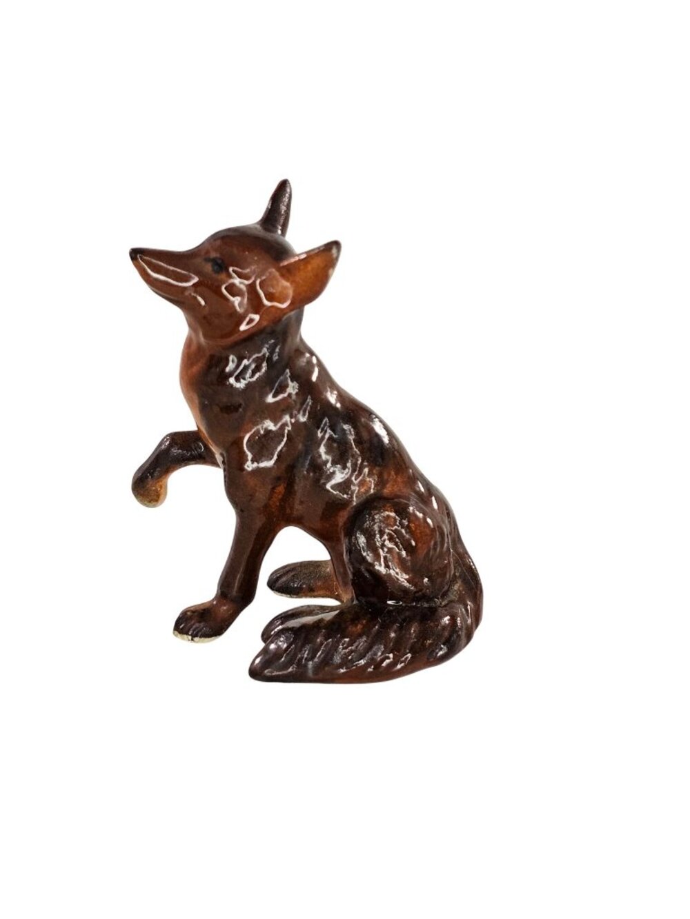 Miniature Brown Ceramic Fox Figurine Sitting Paw Up Collectible 2.5" Shepherd